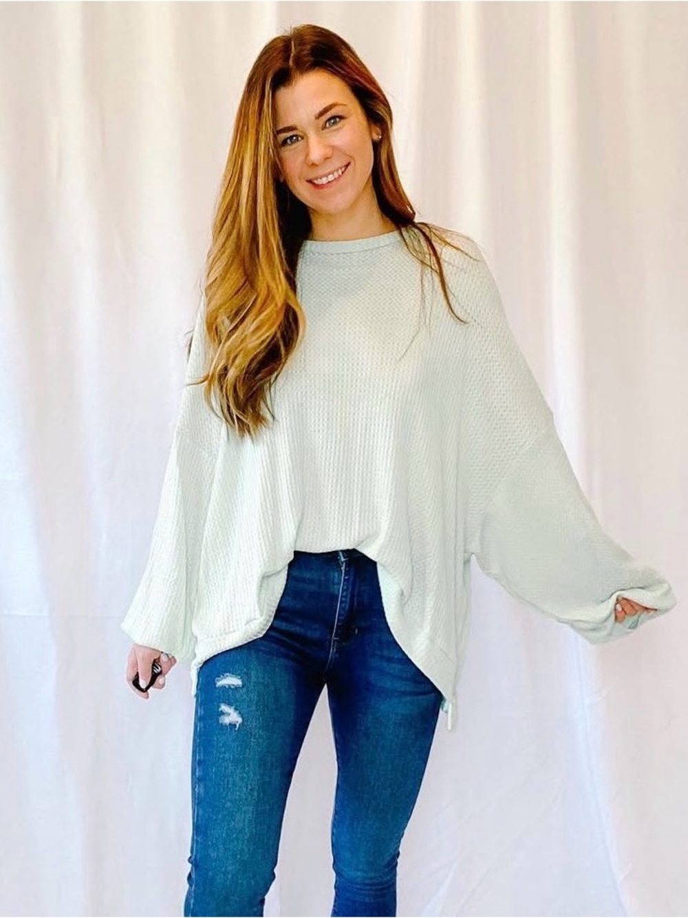 Peach Love California Sage Waffle Knit Oversized Long Sleeve Top